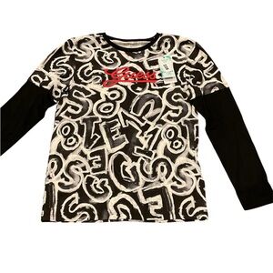 Guess Eco Boys Long Sleeve Graphic Tee Shirt Black White Red Logo Size 12 NWT